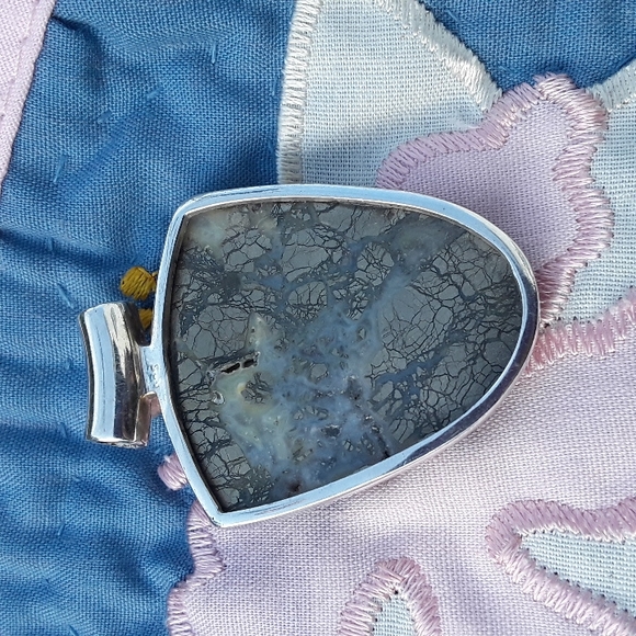 Rare Pyrite in Agate w/ black onyx Sterling silver gemstone pendant shield - Picture 6 of 7